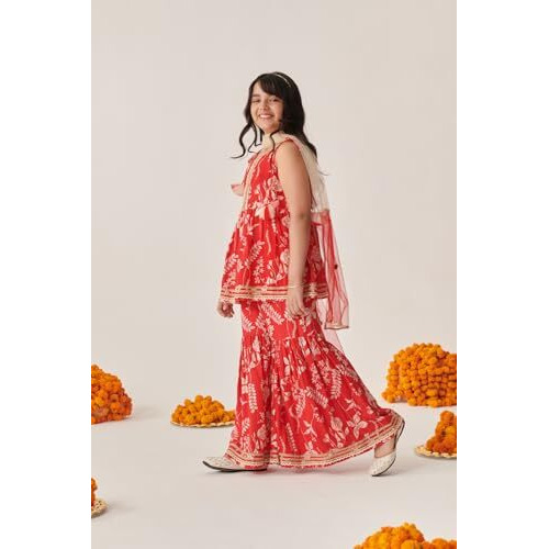 Pspeaches Girl's Cotton Rayon Sharara Set (Sha-Redslub-14-15Y_Red