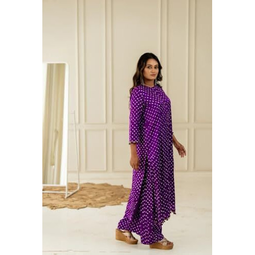 Lookmark Women's Cotton Blend Bandhej Printed Bandhani Kurta Palazzo Set With Sequence Lace (Az-Lm-Og-Ks2201 Purple-Xl)