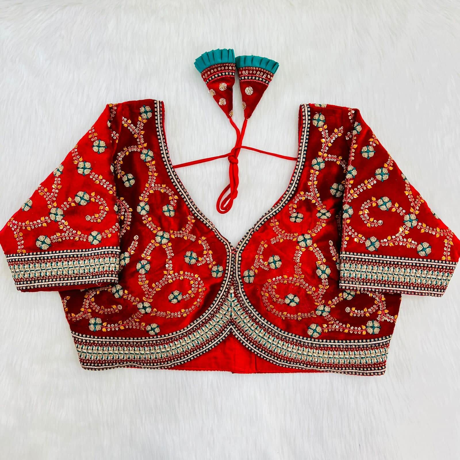 Pujia Mills Women's Velvet Heavy Codding Embroidery With Sequins Work Sweetheart Neck Blouse(Valley Red)
