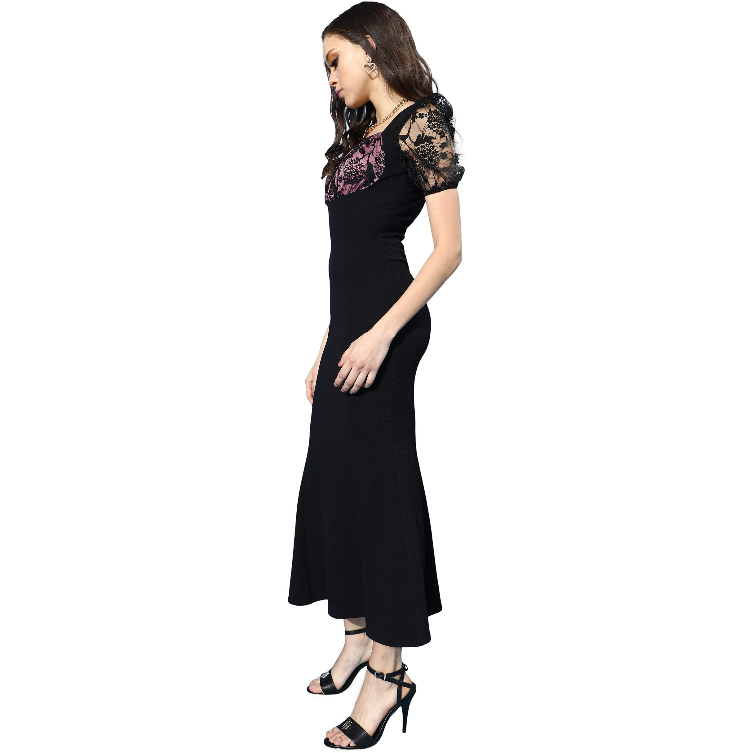 Miss Chase Women's Black Square Neck Puff Sleeve Solid Ankle Length Dress (Mcss22D13-48-62-03,Black,S)