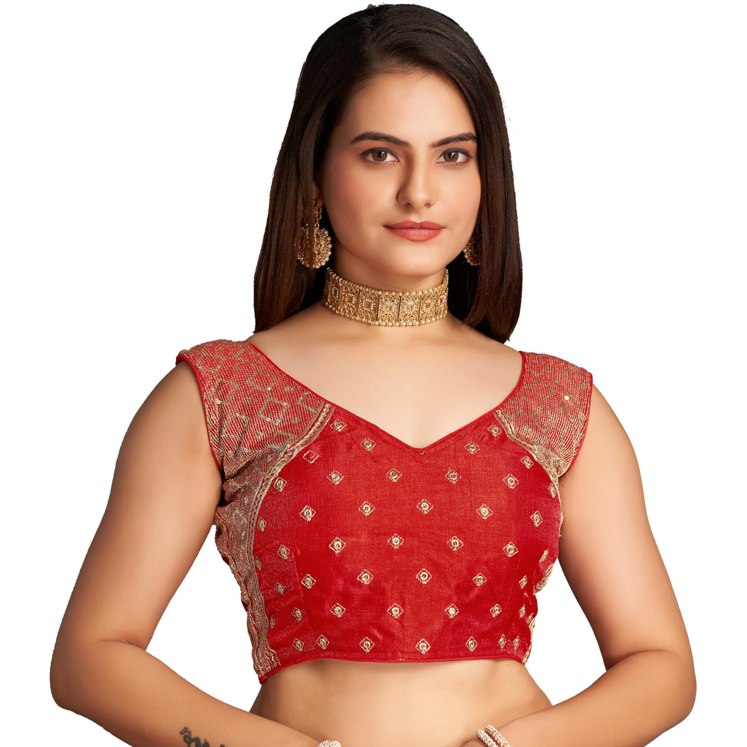 Pujia Mills Women's Sequin Embroidered V Neck Sleeveless Red Readymade Saree Blouse Indian Ethnic Stitched Padded Blouses For Women