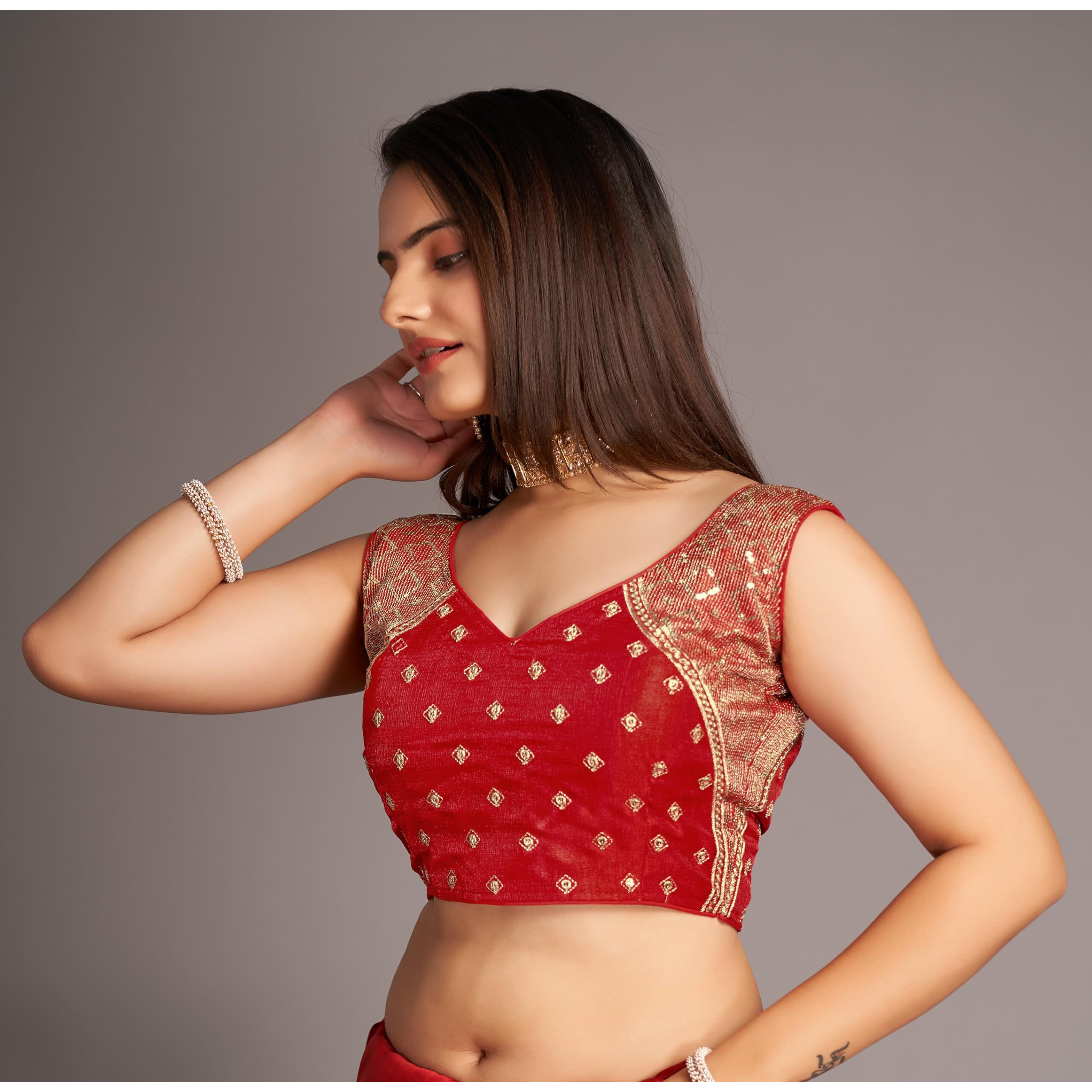Pujia Mills Women's Sequin Embroidered V Neck Sleeveless Red Readymade Saree Blouse Indian Ethnic Stitched Padded Blouses For Women