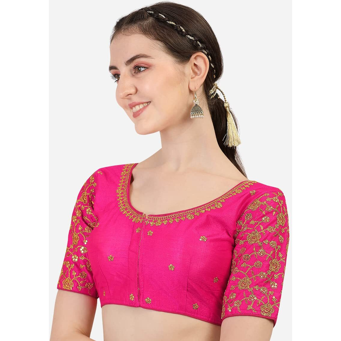 Pujia Mills Women's Silk Checkered Half Sleeve Blouse (Pink Flower Blouse38_Pink_38)