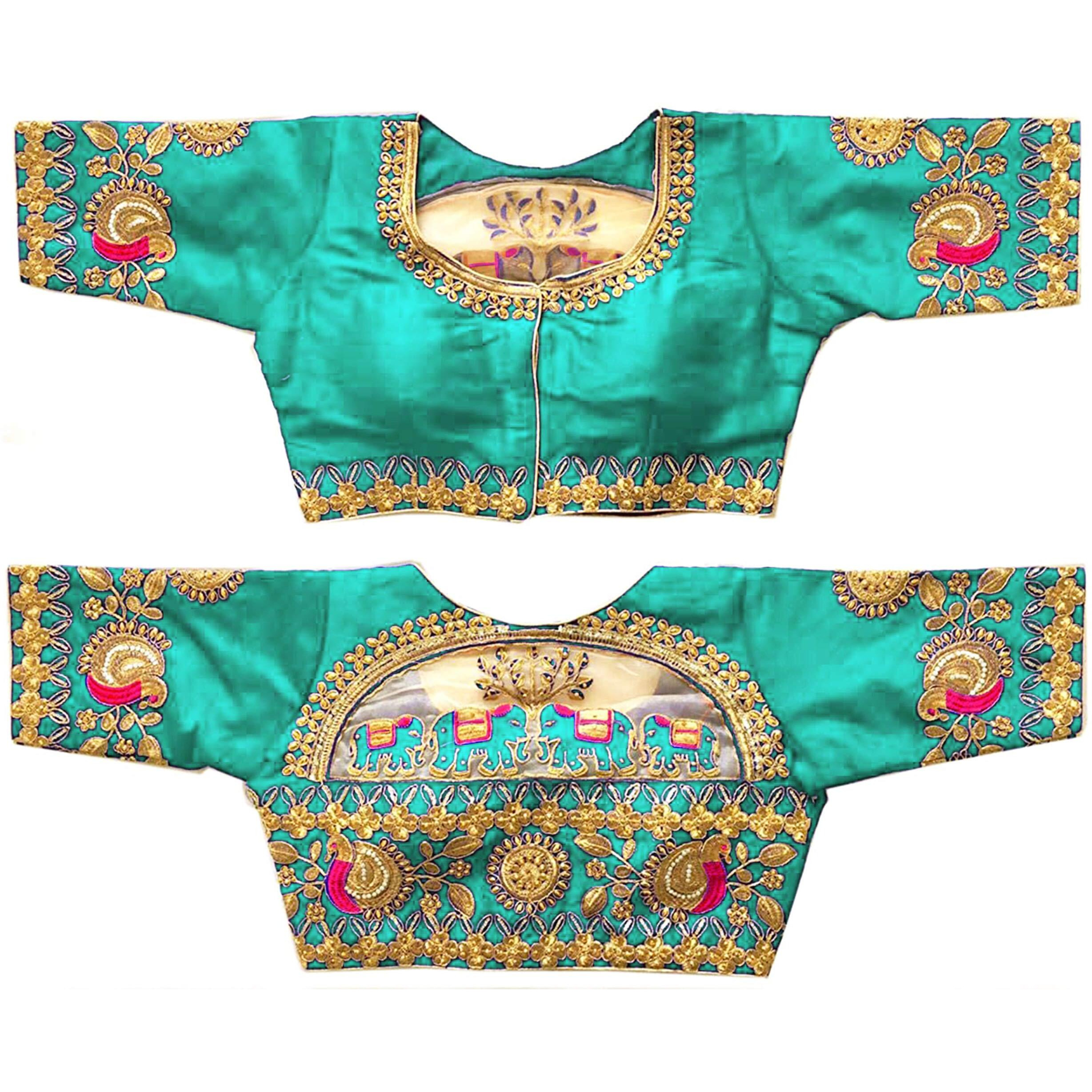 Pujia Mills Women's Malbari Phantom Silk Half Sleeve Blouse (Handwork Blouse Gajari P_Rama_42)