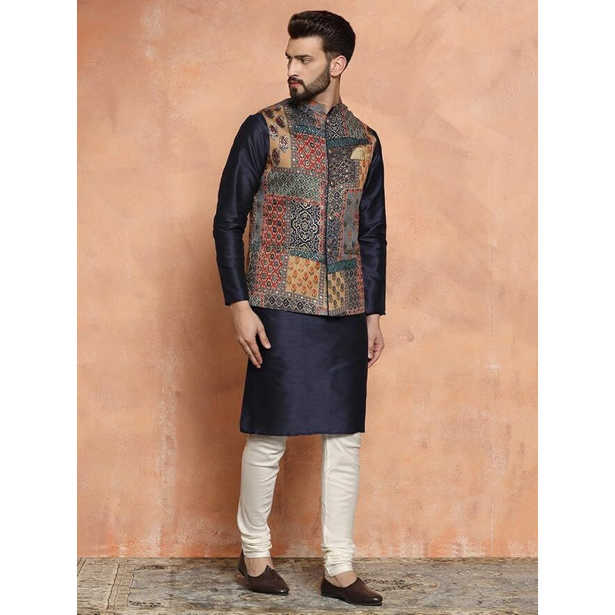 Kisah Men's Kurta Jacket Churidar Set, Multicolour Cotton Blend, Printed Long Sleeves Regular Fit Mandarin Collar (X-Large)