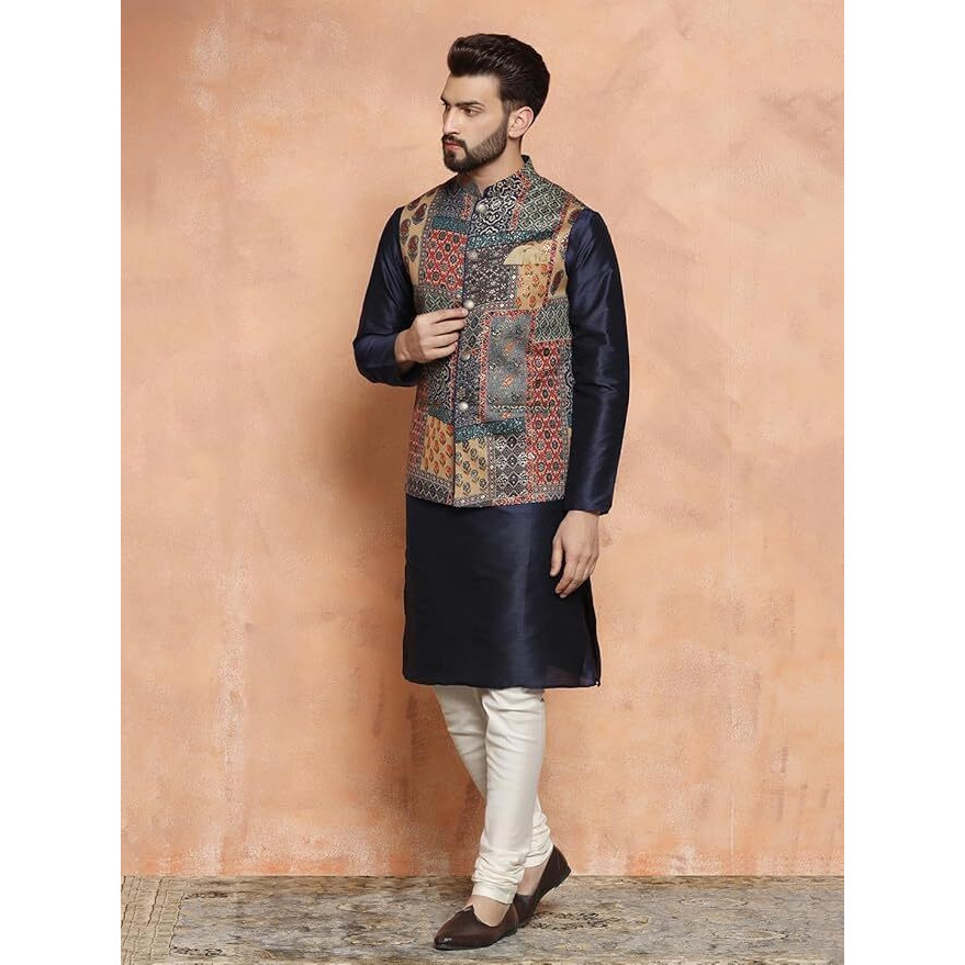 Kisah Men's Kurta Jacket Churidar Set, Multicolour Cotton Blend, Printed Long Sleeves Regular Fit Mandarin Collar (X-Large)