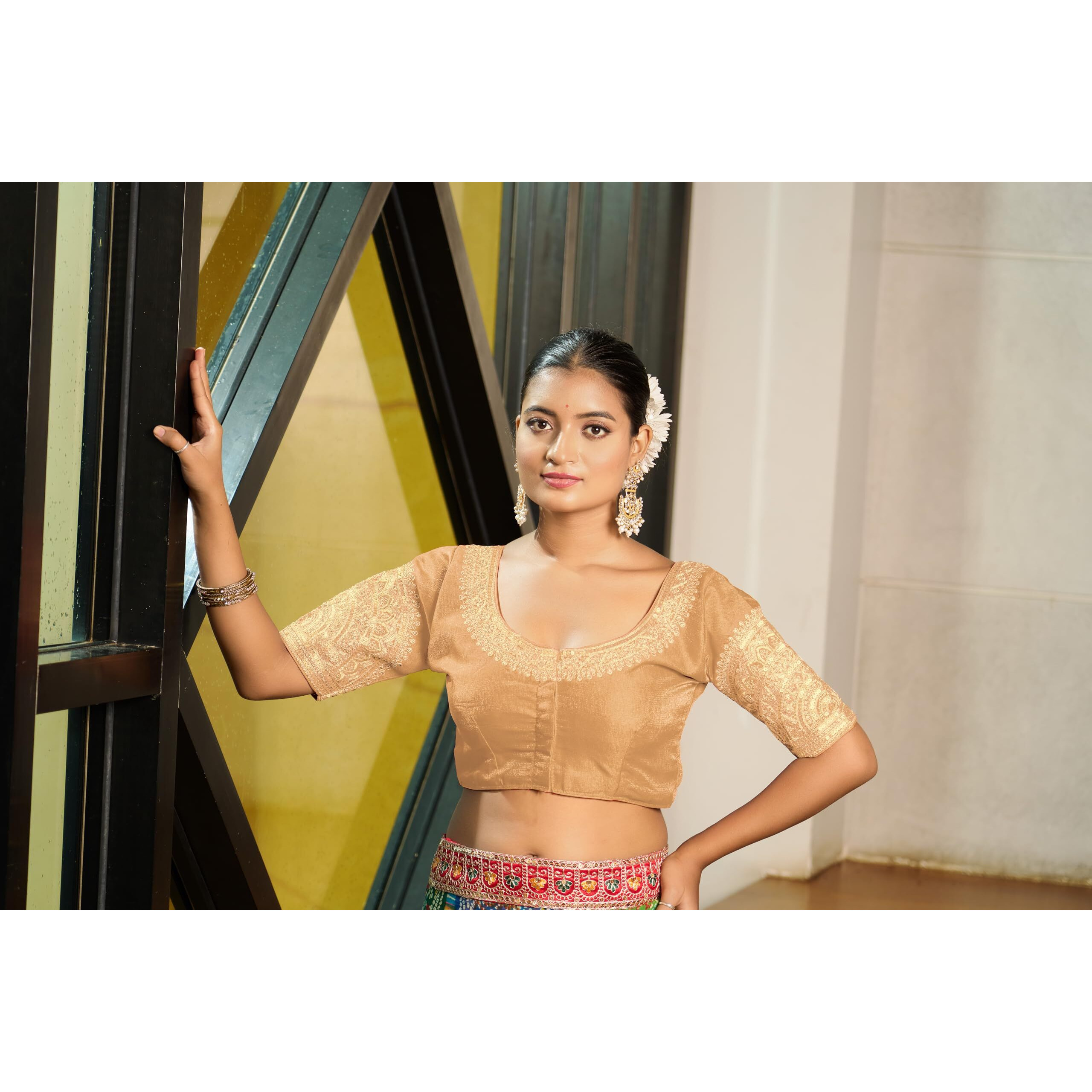 Pujia Mills Women's Readymade Blouse Embroidery Multi Coding Dull Golden Sequence Work Indian Ethnic Designer Stitched Readymade Saree Half Sleeve Gold Blouse For Women For Saree Lehenga Choli