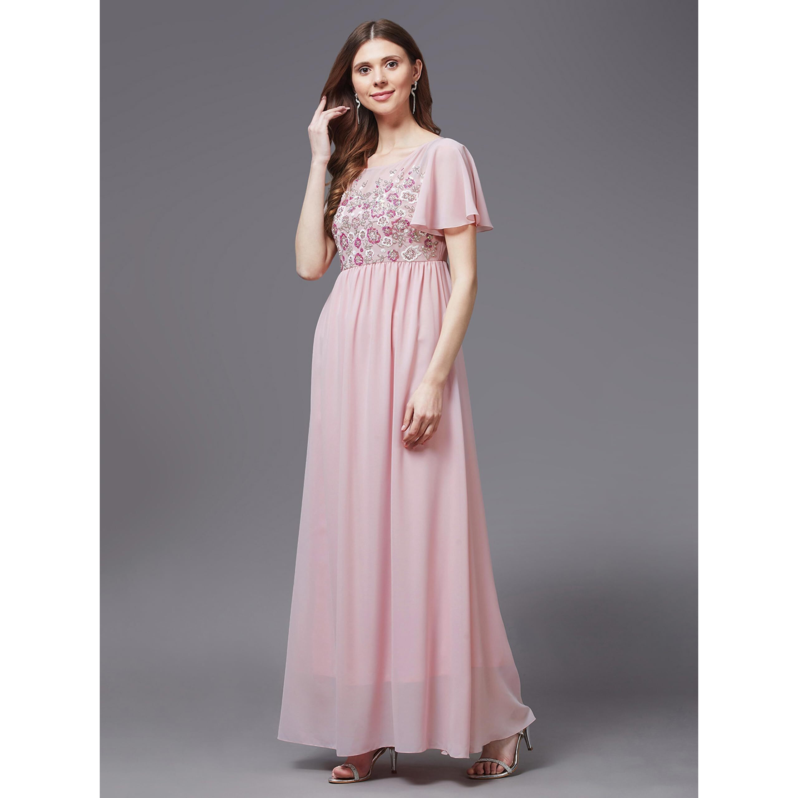 Miss Chase Women's Blush Pink Embellished Gathered Maxi Dress(Mcaw21D06-24-199-02,Blush Pink,Xs)