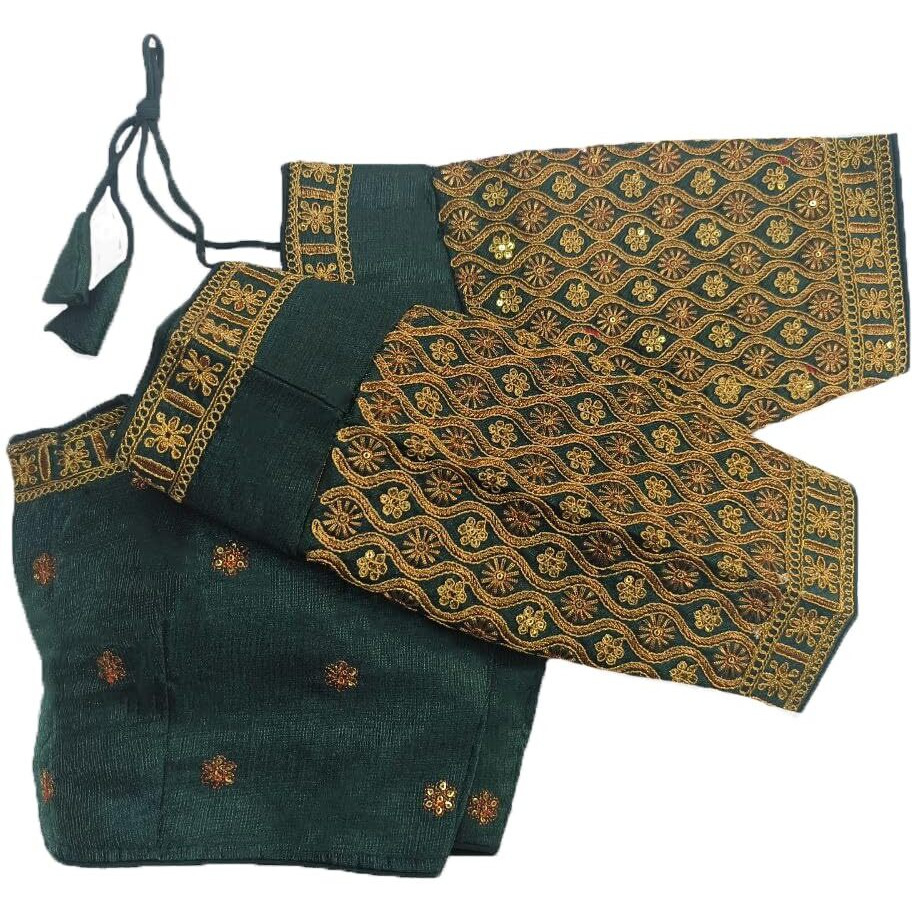 Pujia Mills Women's Readymade Blouse Embroidery Multi Coding Gold Thread Indian Ethnic Designer Stitched Half Sleeve Women's Readymade Bottle Green Color Saree Blouse For Women For Saree Lehenga Choli