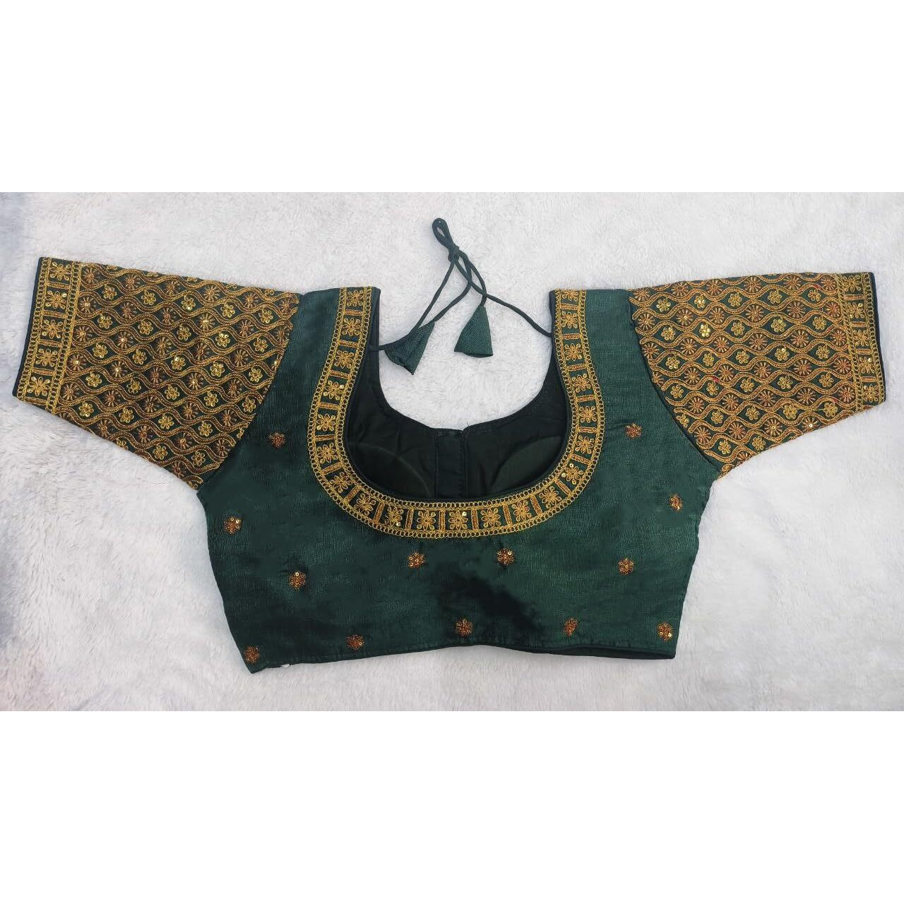 Pujia Mills Women's Readymade Blouse Embroidery Multi Coding Gold Thread Indian Ethnic Designer Stitched Half Sleeve Women's Readymade Bottle Green Color Saree Blouse For Women For Saree Lehenga Choli