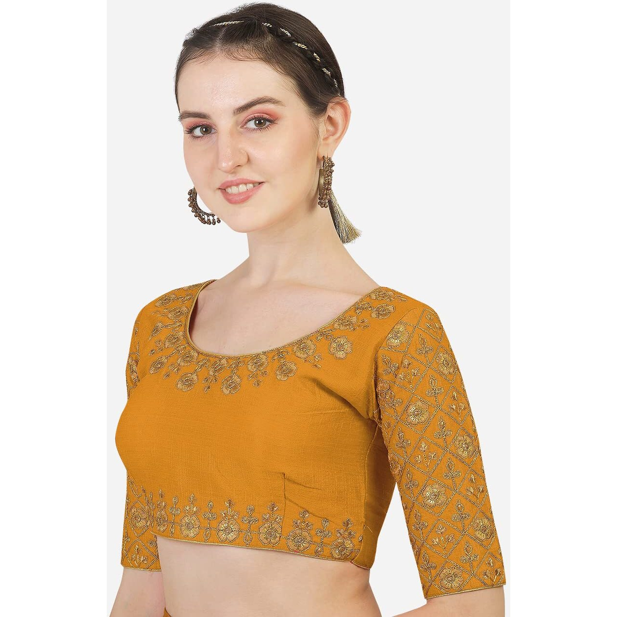 Pujia Mills Women's Phantom Silk Embroidery Handwork Work Half Sleeve Readymade Saree Blouse (Madhubala Blouse_Yellow_38 Size +Margin