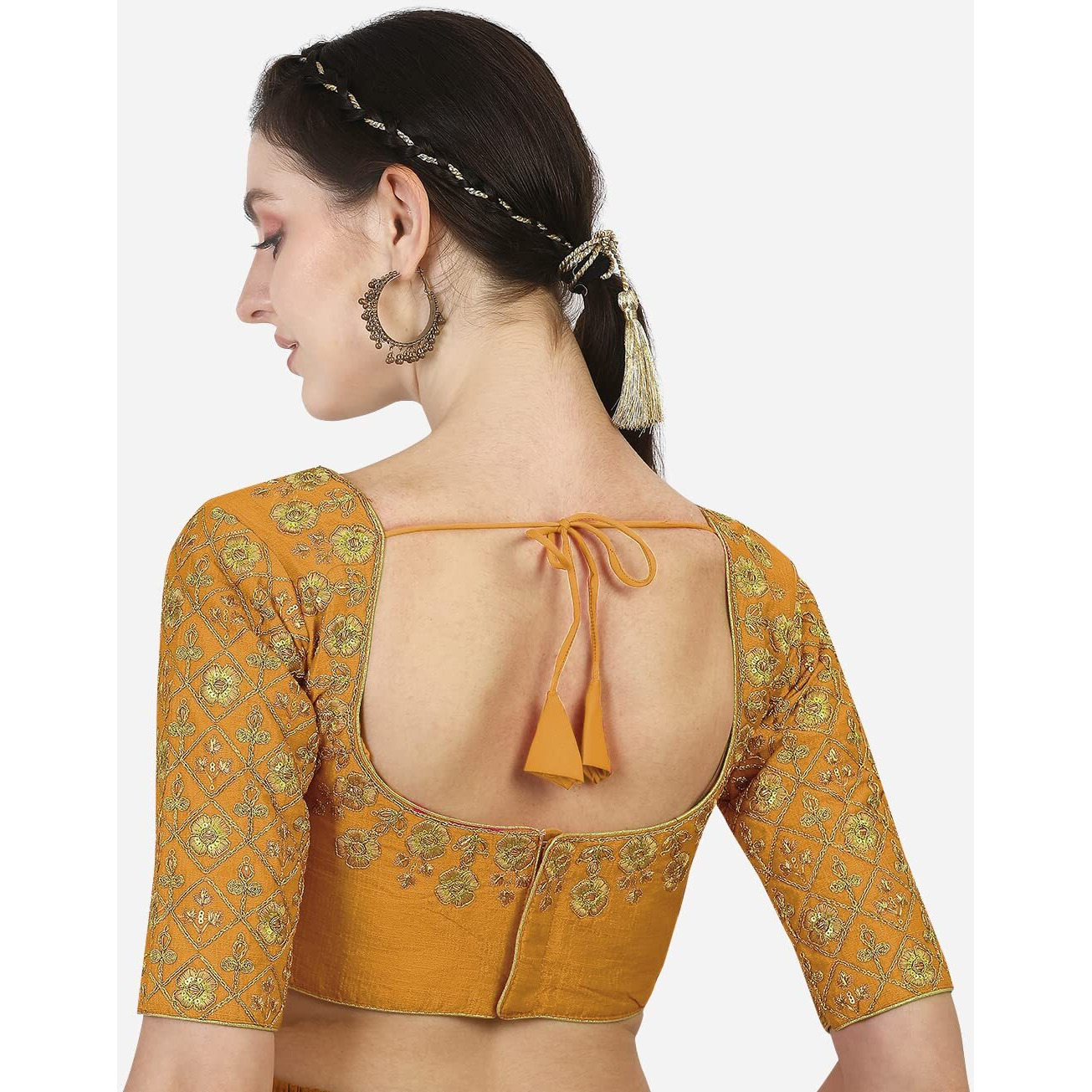 Pujia Mills Women's Phantom Silk Embroidery Handwork Work Half Sleeve Readymade Saree Blouse (Madhubala Blouse_Yellow_38 Size +Margin