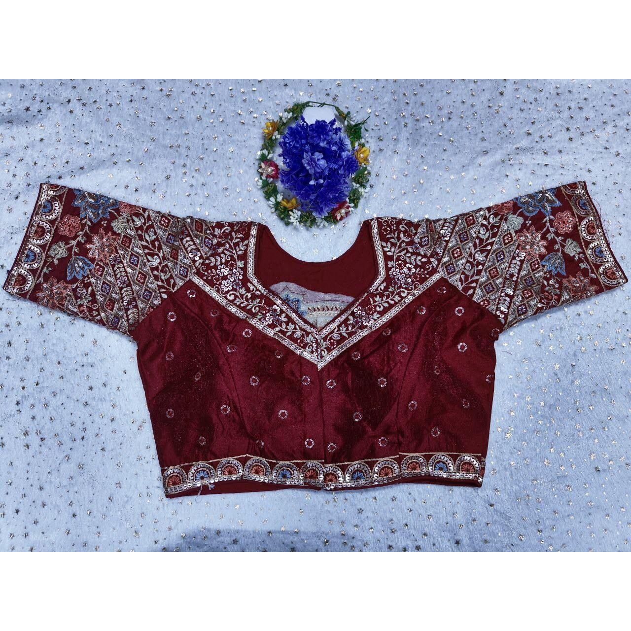 Pujia Mills Women's Ethnic Wear Golden Codding With Multi Embroidery Sequence Work Sweetheart Neck Half Sleeve Readymade Bridal Maroon Saree Blouse Net Cutwork Blouse For Lehenga