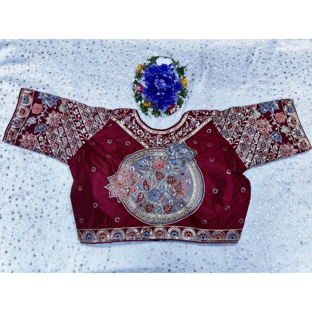 Pujia Mills Women's Ethnic Wear Golden Codding With Multi Embroidery Sequence Work Sweetheart Neck Half Sleeve Readymade Bridal Maroon Saree Blouse Net Cutwork Blouse For Lehenga