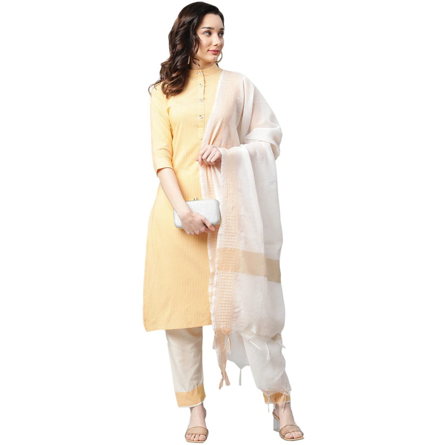 Om Sai Latest Creation Womens Cotton Blend Women Kurta Set With Duptta And Pant Regular Fit Straight (Oslc-K2622&P90&D35_Yellow_L)