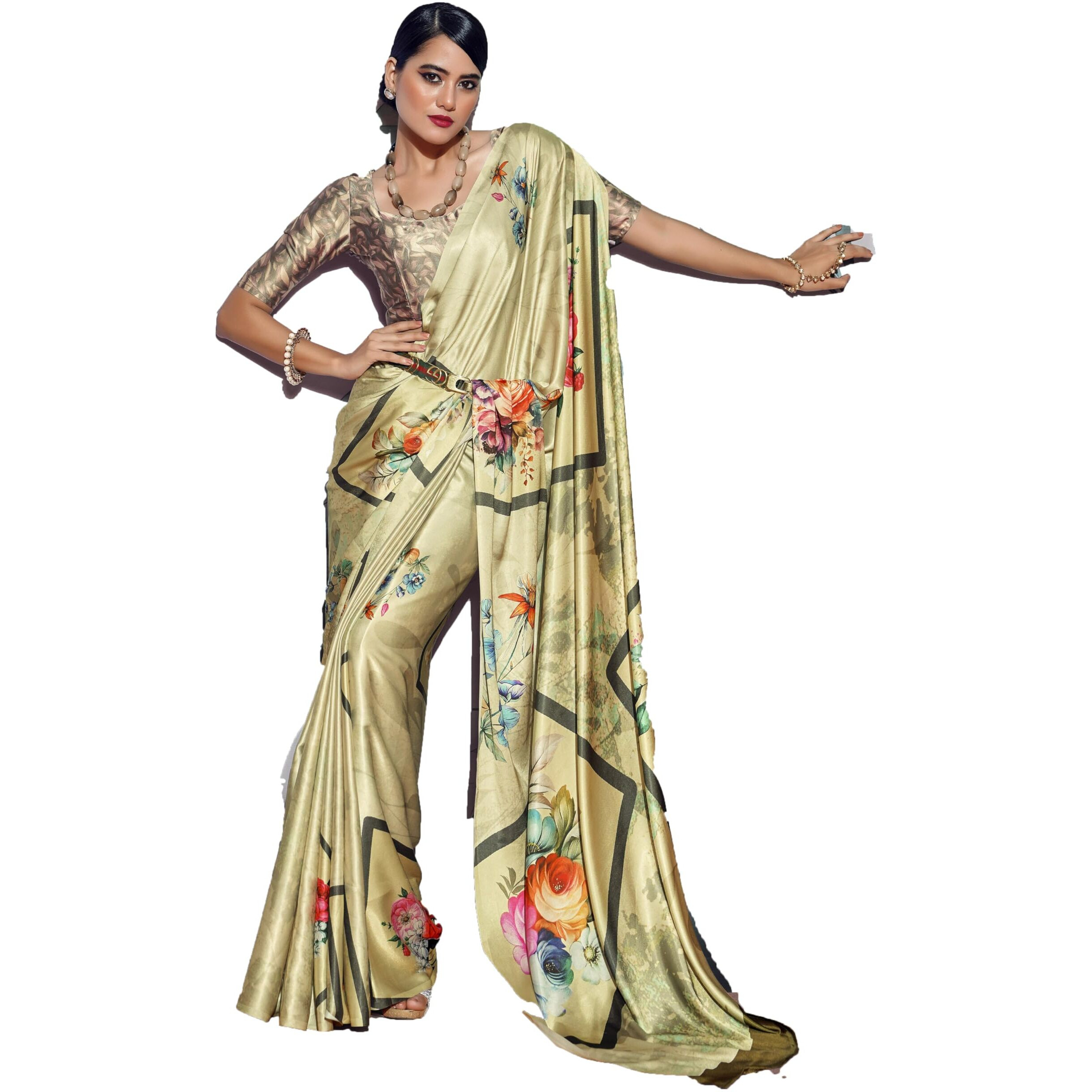 Pujia Mills Woman's Indian Ethnic Wear Simple Printed Saree Digital Print Satin Silk Saree Printed Saree With Unstitch Blouse Regular Printed Sadi Simple Sadi Unique Saree Multicolor Saree