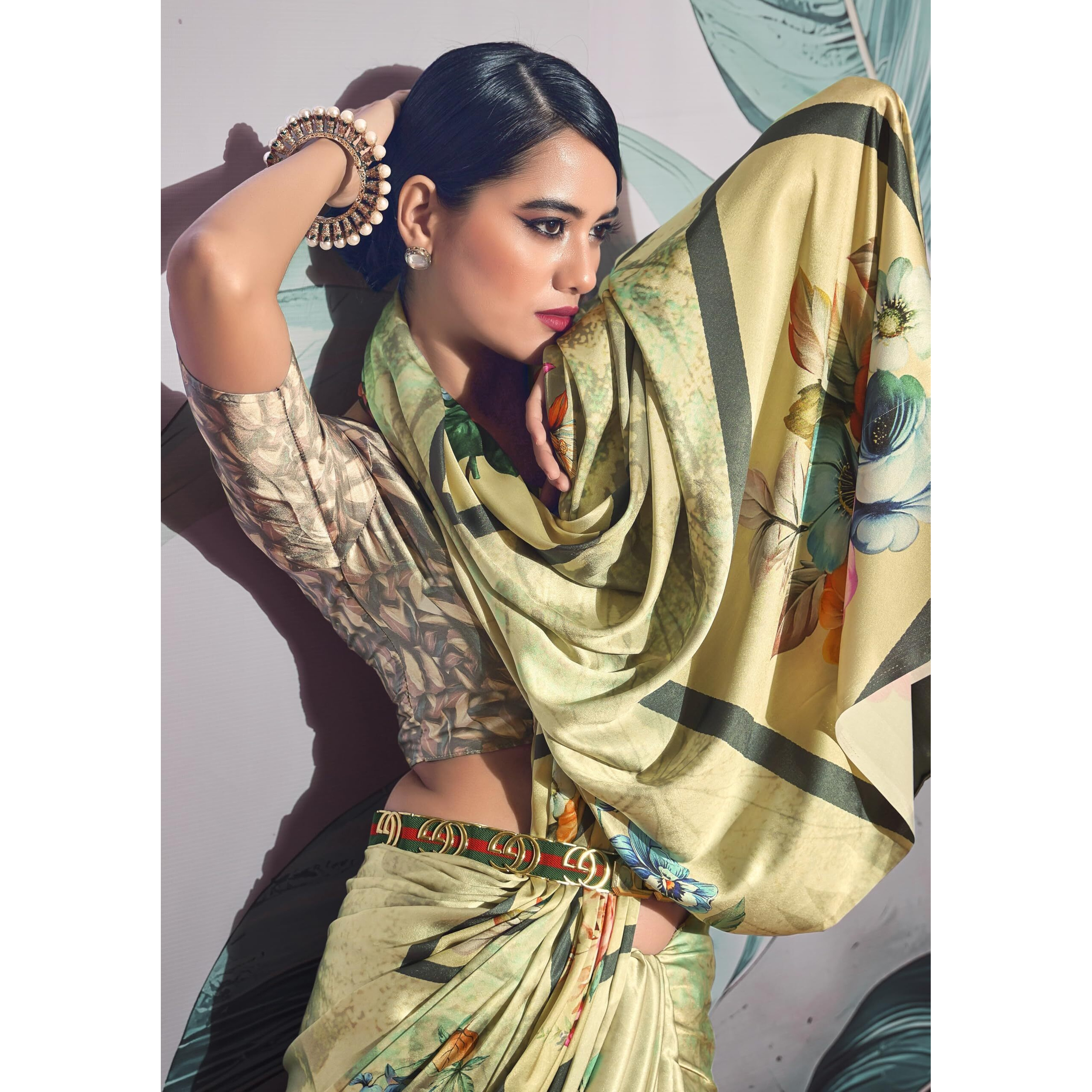 Pujia Mills Woman's Indian Ethnic Wear Simple Printed Saree Digital Print Satin Silk Saree Printed Saree With Unstitch Blouse Regular Printed Sadi Simple Sadi Unique Saree Multicolor Saree