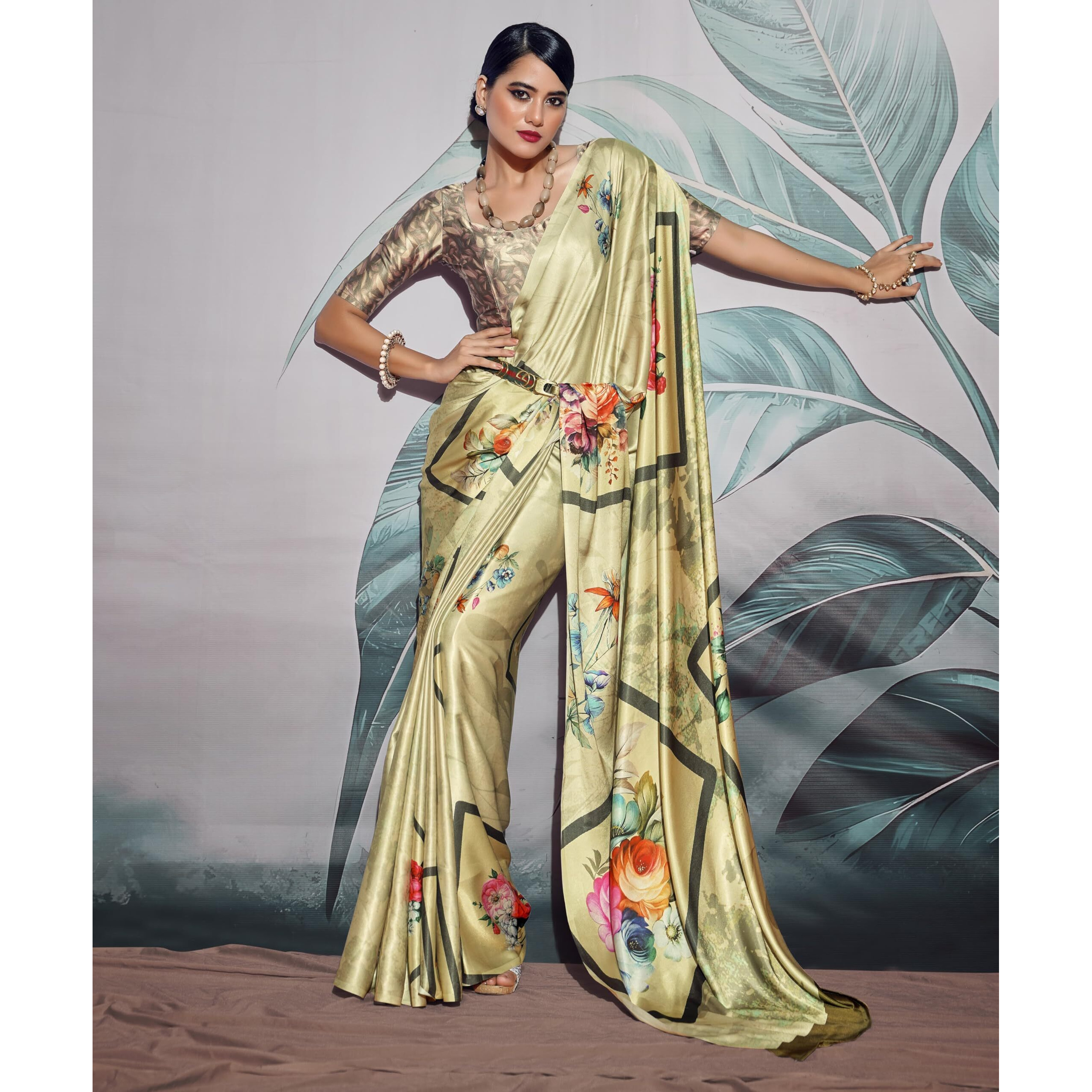 Pujia Mills Woman's Indian Ethnic Wear Simple Printed Saree Digital Print Satin Silk Saree Printed Saree With Unstitch Blouse Regular Printed Sadi Simple Sadi Unique Saree Multicolor Saree
