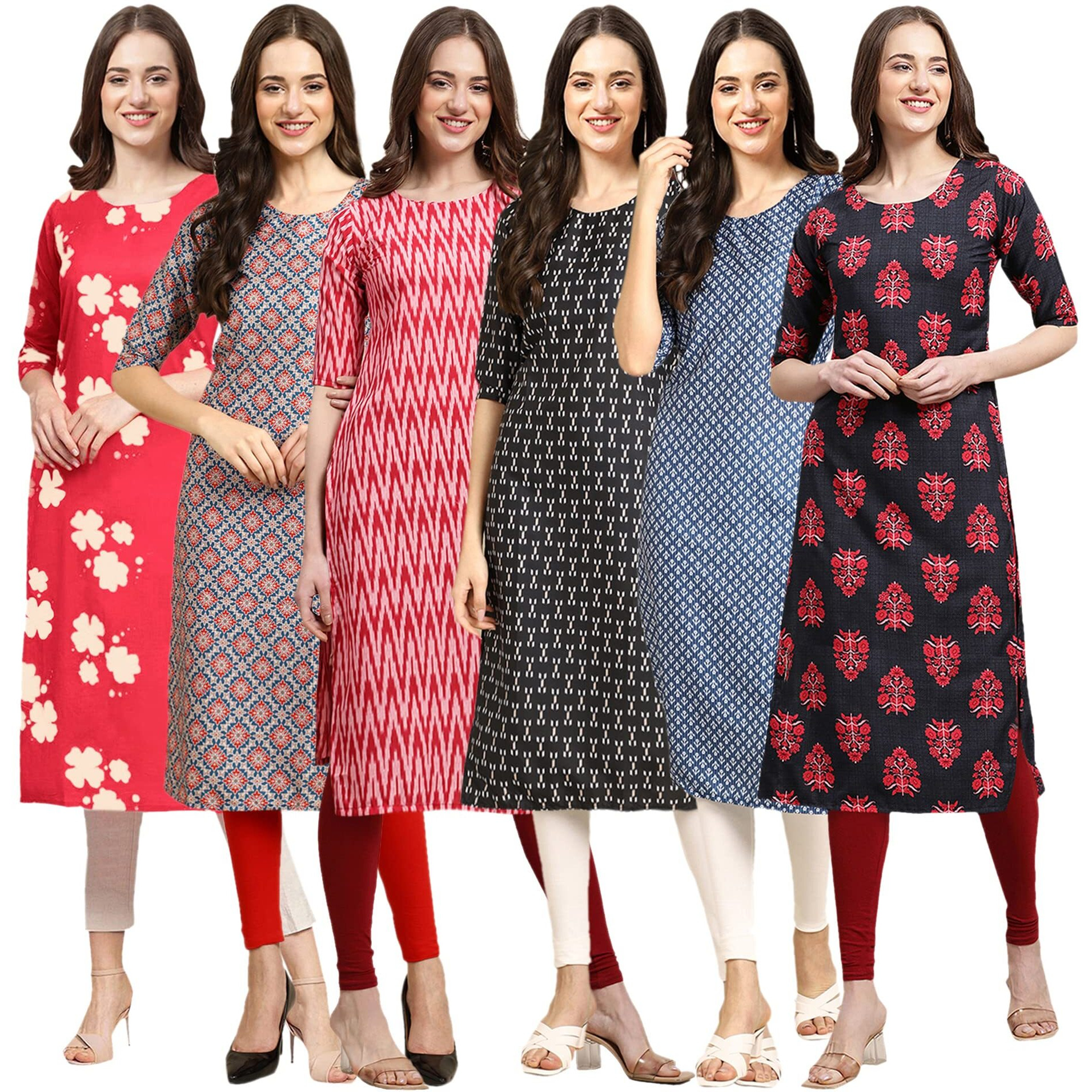 Pinkmint Women's Crepe Digital Print Straight Kurta(Pack Of 6)[Qv-380-372-328-362-367-345-L]