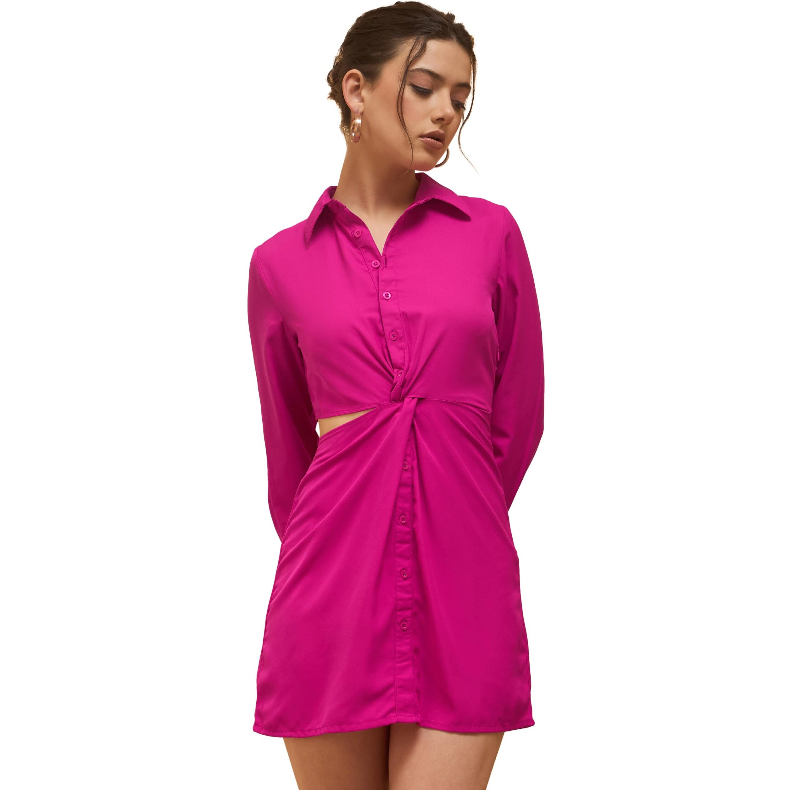 Rare Women's Polyester A-Line Mini Casual Dress (Ep7089C_Pink_L)