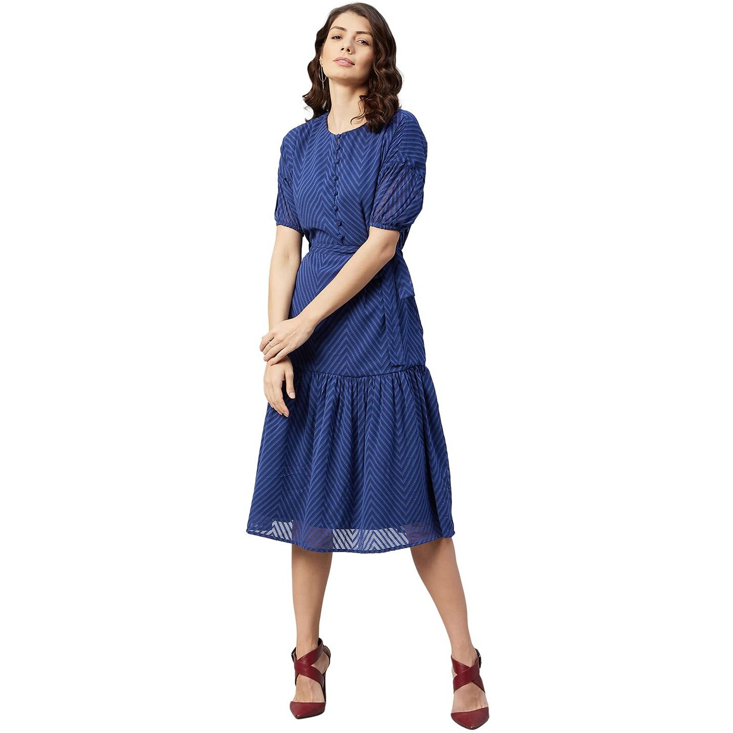 Rare Women's Georgette Fit And Flare Midi Dress (Ep31080_Blue_L)