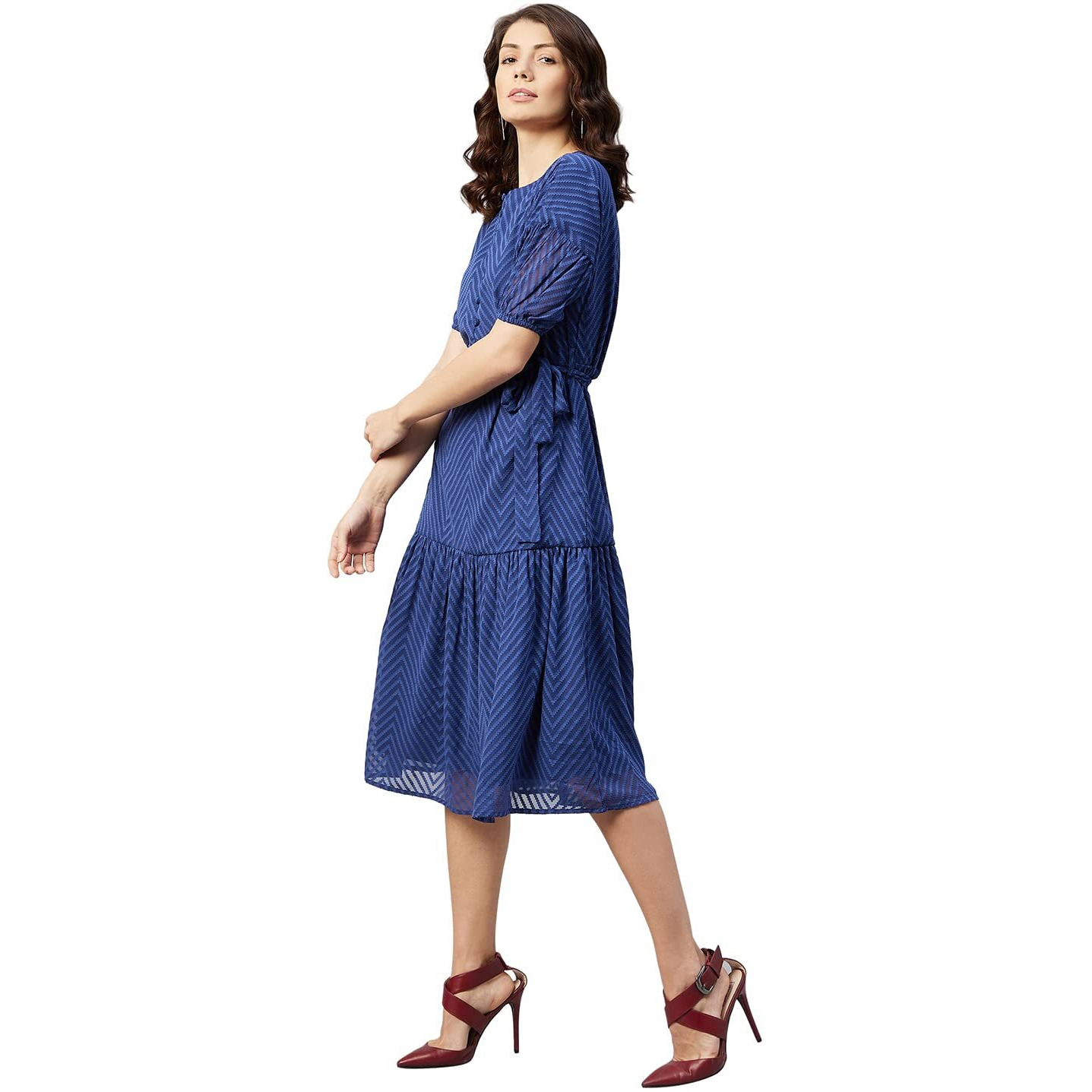 Rare Women's Georgette Fit And Flare Midi Dress (Ep31080_Blue_L)