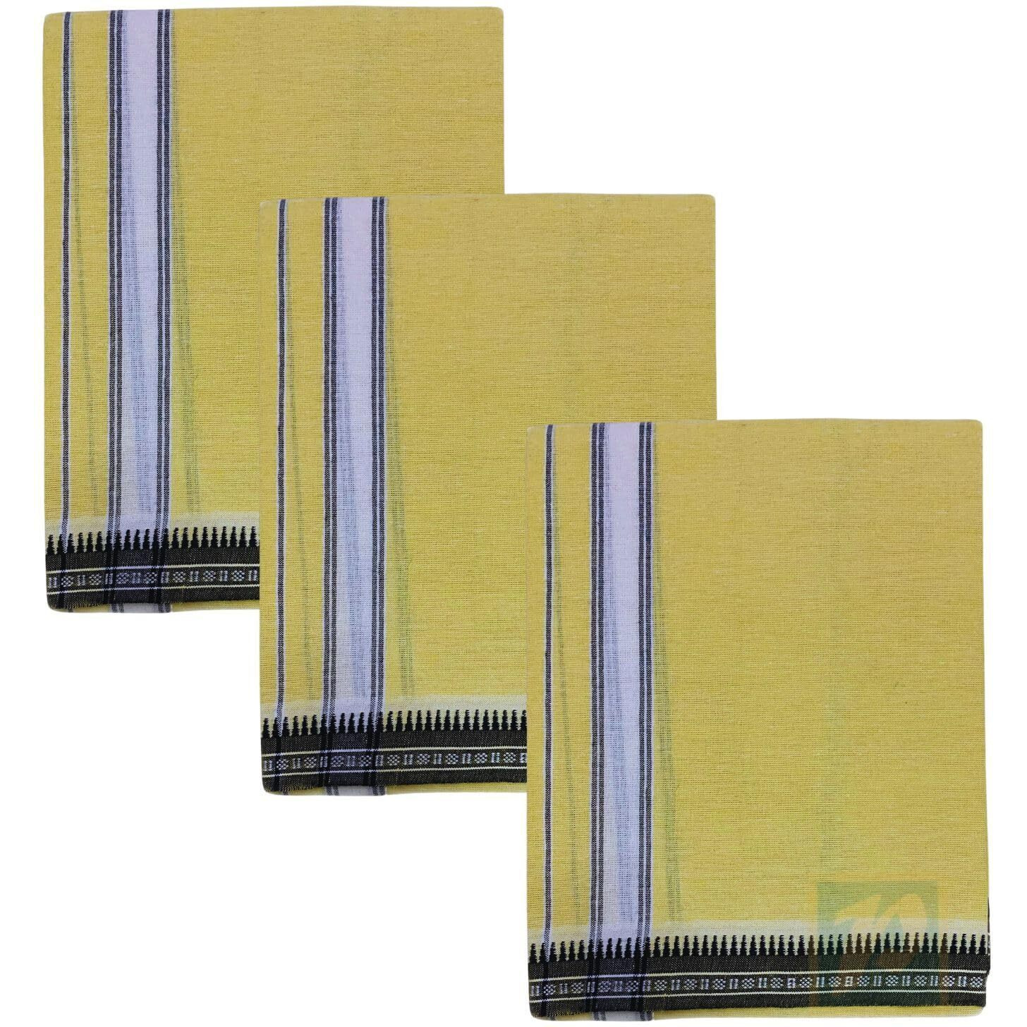 Prakasam Cotton Mens Single (1.28 X 2.00 Mtrs) Colour Thalapathi Border Dhoties/Fine Quality Single Dhoties (Yellow)-Pack Of 3 Dhoties
