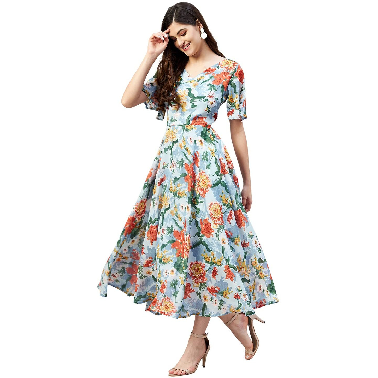 Rare Women Fit And Flare Casual Multi Colour Calf Length Floral Dress, Small