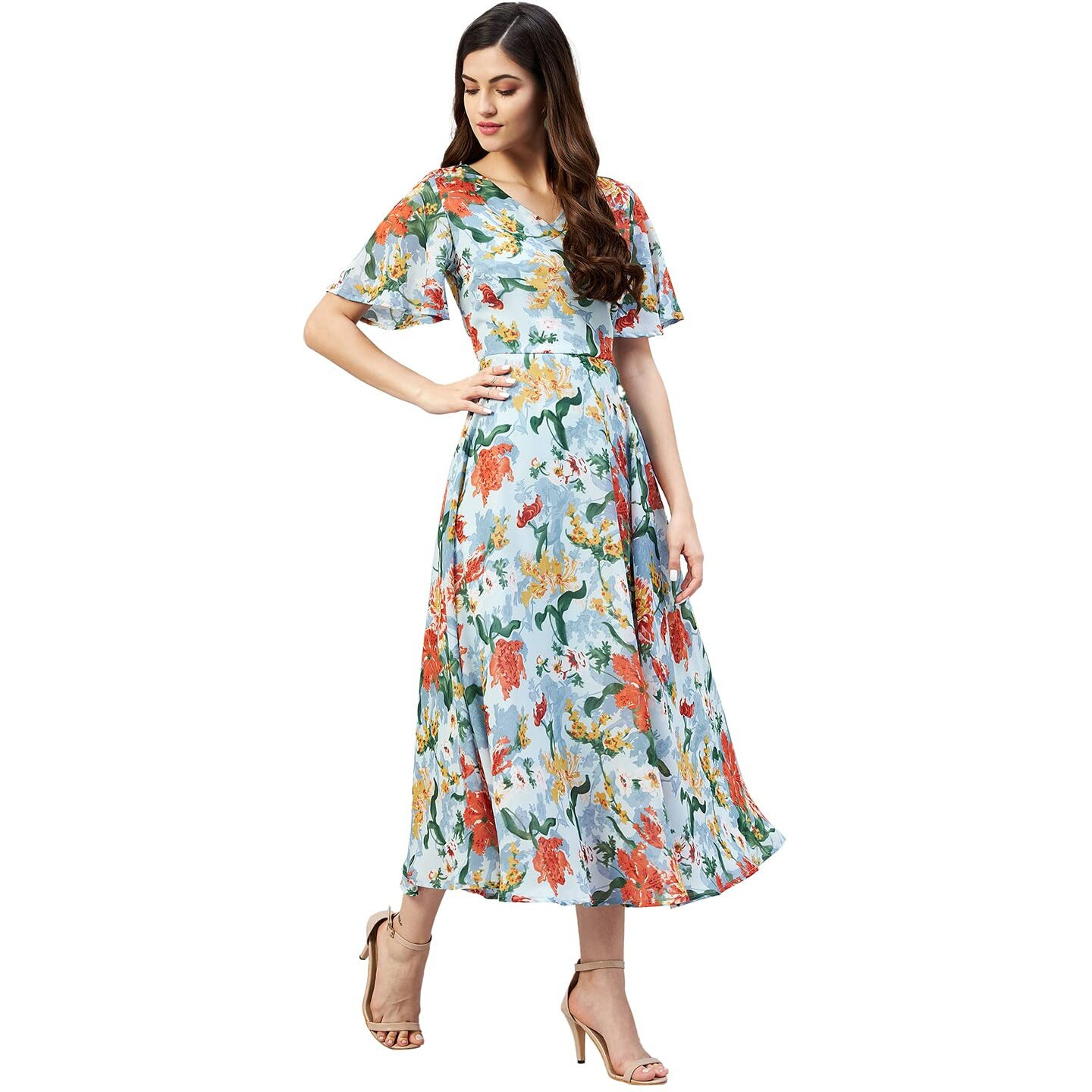Rare Women Fit And Flare Casual Multi Colour Calf Length Floral Dress, Small