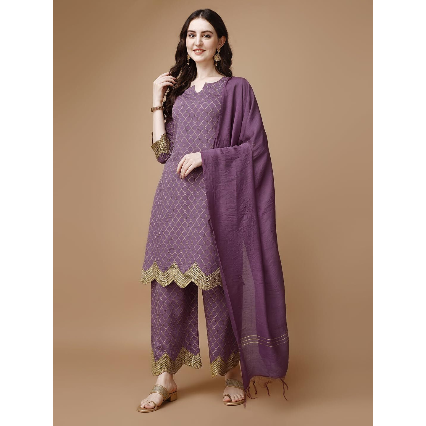 Pratham Blue Kurta Set For Women Silk Embroidered Straight Kurta Set For Women With Palazzos And Dupatta (Pb-6086-M_Peach Pink)