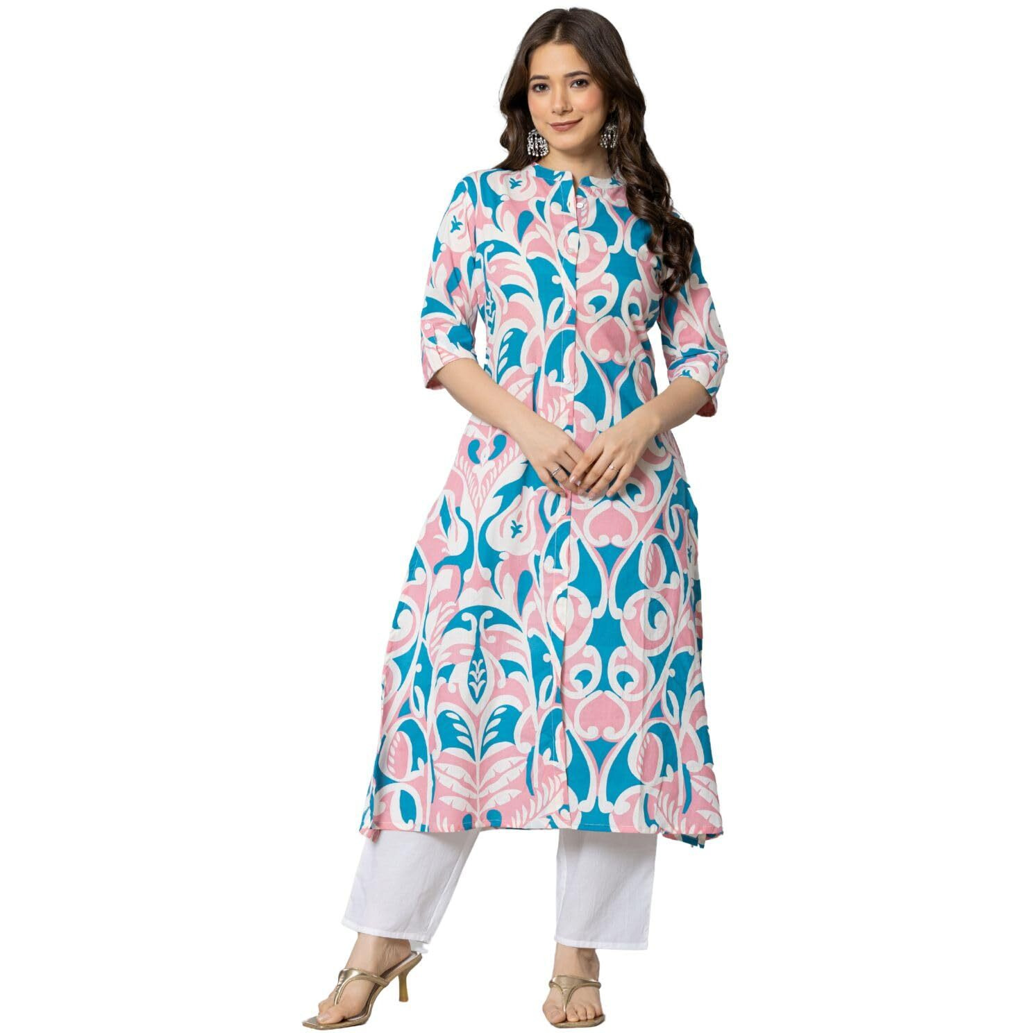Rytras Women's Pure Cotton Printed A-Line Kurta(Ryt585,Pink,S)
