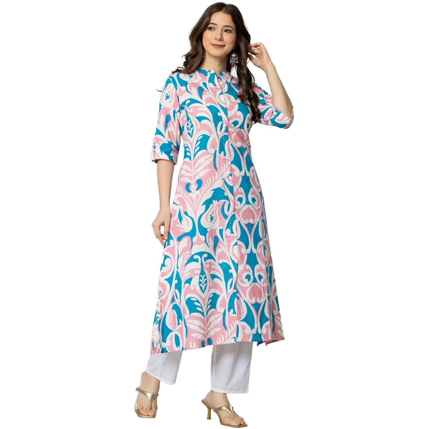 Rytras Women's Pure Cotton Printed A-Line Kurta(Ryt585,Pink,S)