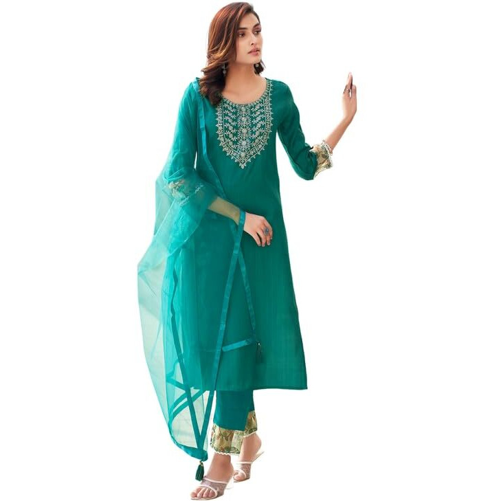 Sanisa Women's Art Silk Sequence Embroidery Straight Kurta Set With Dupatta (163Kbd1752N-Xl_Teal Green)