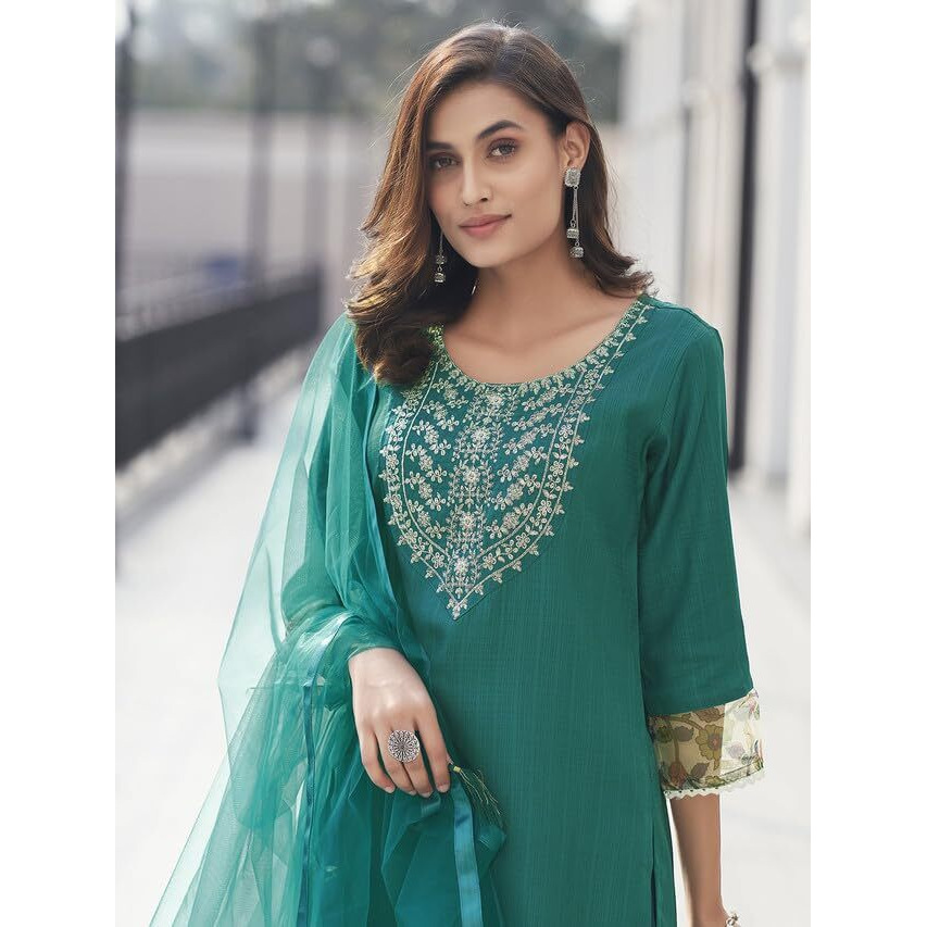 Sanisa Women's Art Silk Sequence Embroidery Straight Kurta Set With Dupatta (163Kbd1752N-Xl_Teal Green)