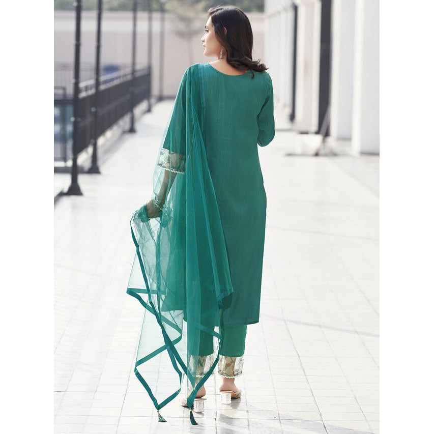 Sanisa Women's Art Silk Sequence Embroidery Straight Kurta Set With Dupatta (163Kbd1752N-Xl_Teal Green)