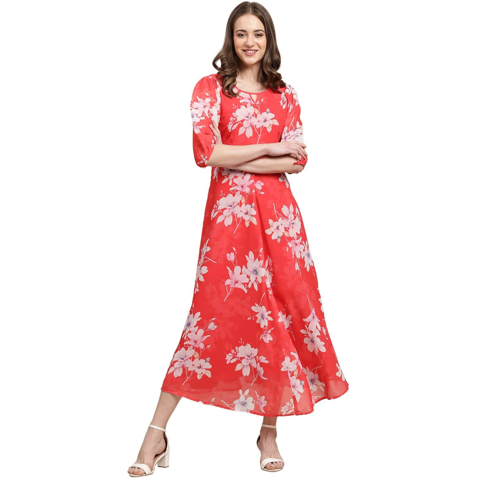Preneum Women's Georgette Maxi Fit & Flare, Regular Sleeves, Long Gown Style, Casual Wear (In, Alpha, 2Xl, Plus, Pink)