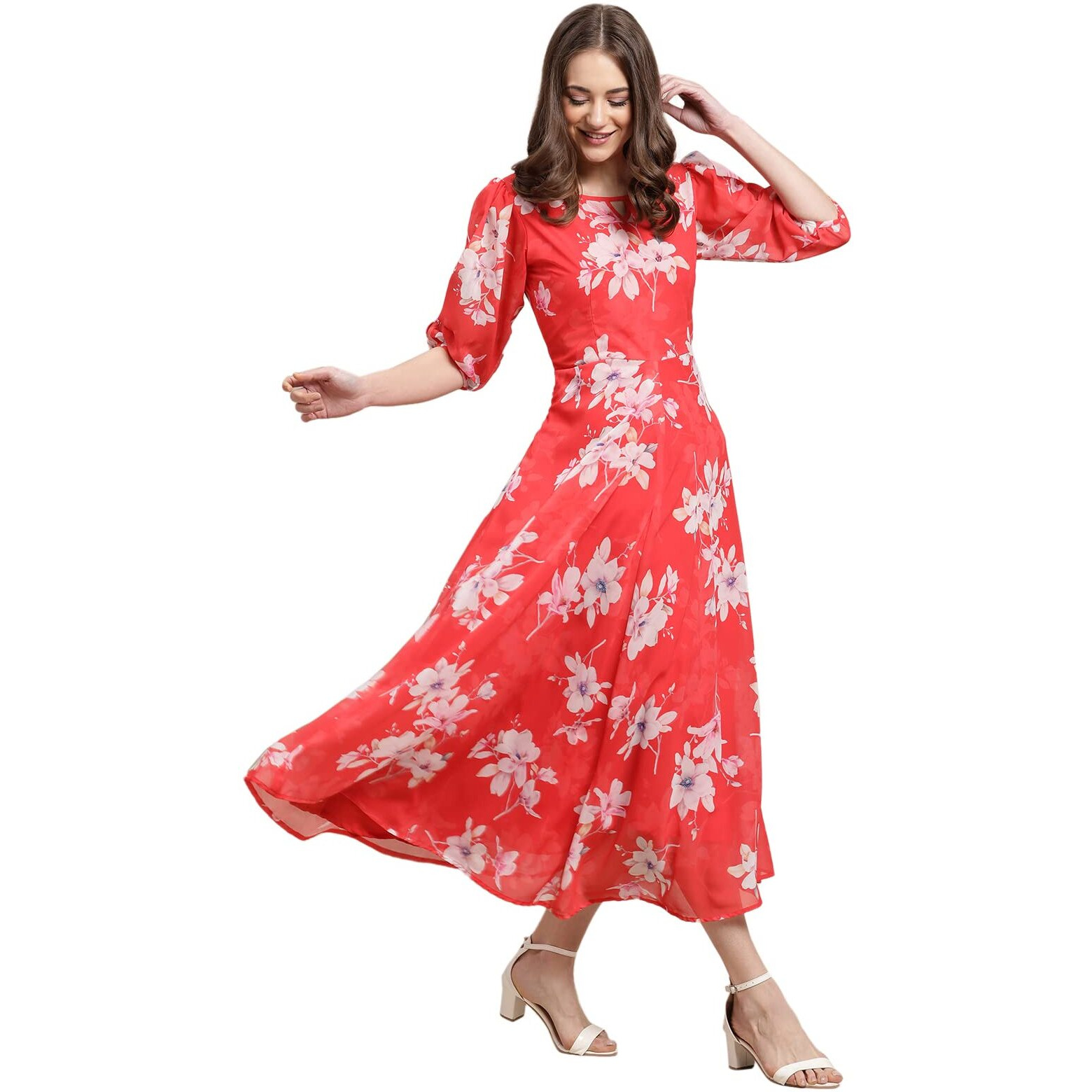 Preneum Women's Georgette Maxi Fit & Flare, Regular Sleeves, Long Gown Style, Casual Wear (In, Alpha, 2Xl, Plus, Pink)