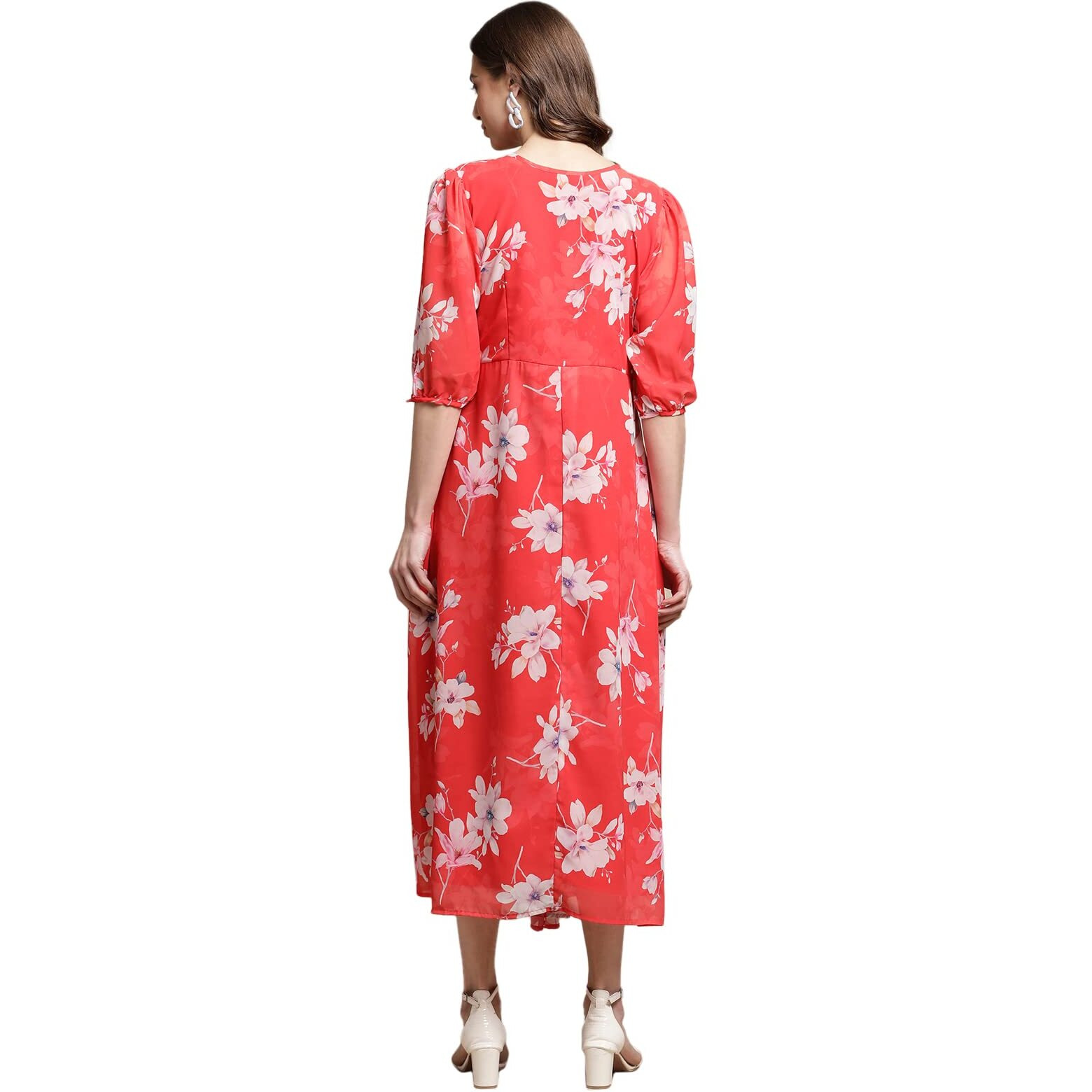 Preneum Women's Georgette Maxi Fit & Flare, Regular Sleeves, Long Gown Style, Casual Wear (In, Alpha, 2Xl, Plus, Pink)