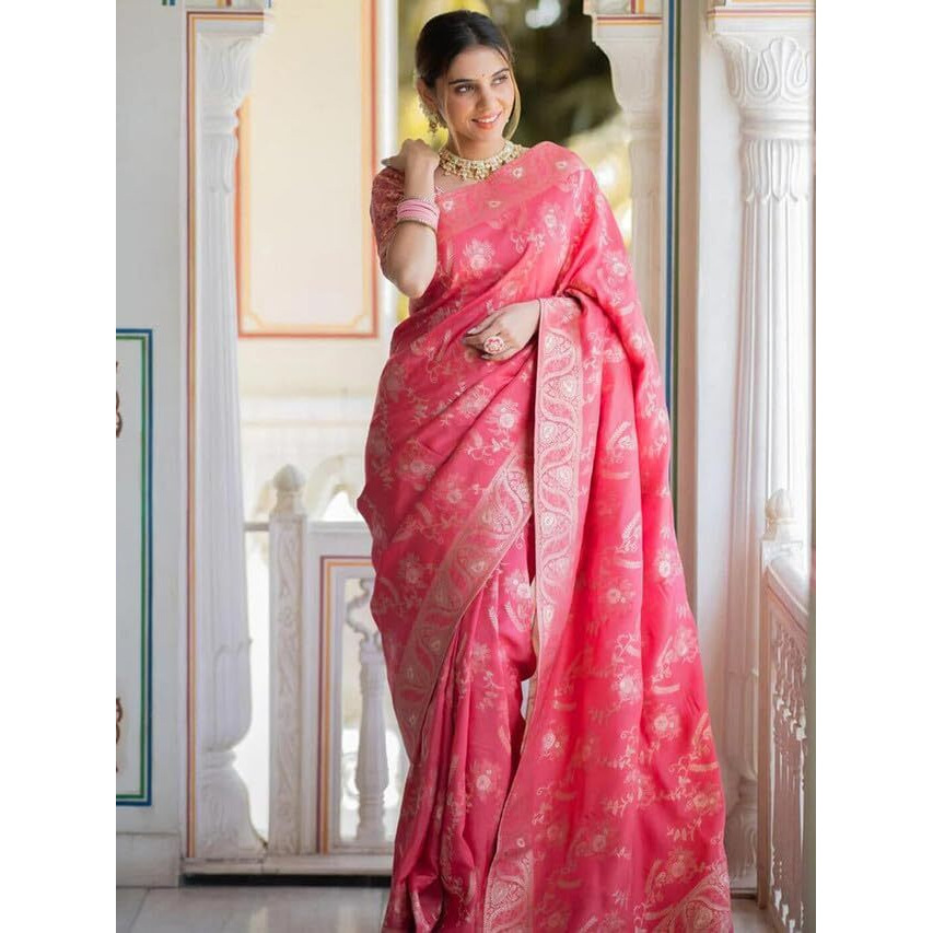 Satrani Women's Art Silk Jacquard Saree With Unstitched Blouse Piece (3584S362N_Punch Pink)