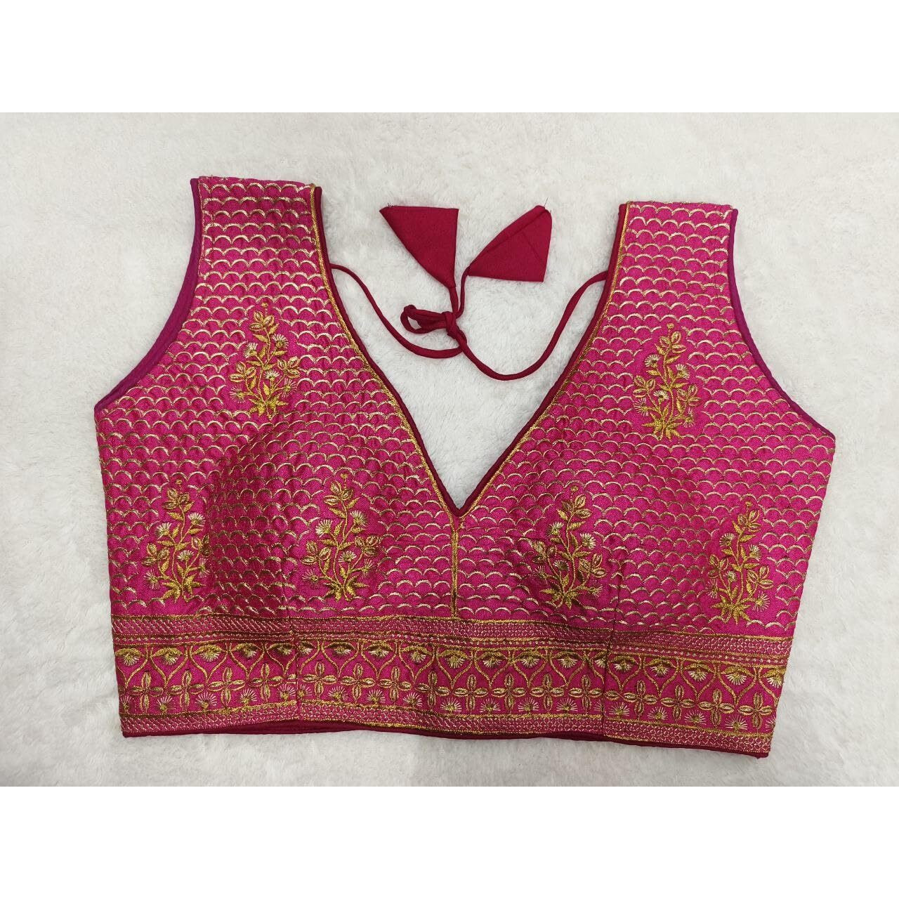 Pujia Mills Women's Sequin Embroidered V Neck Sleeveless Ethnic Designer Stitched Women's Readymade Silk Saree Blouse Pink