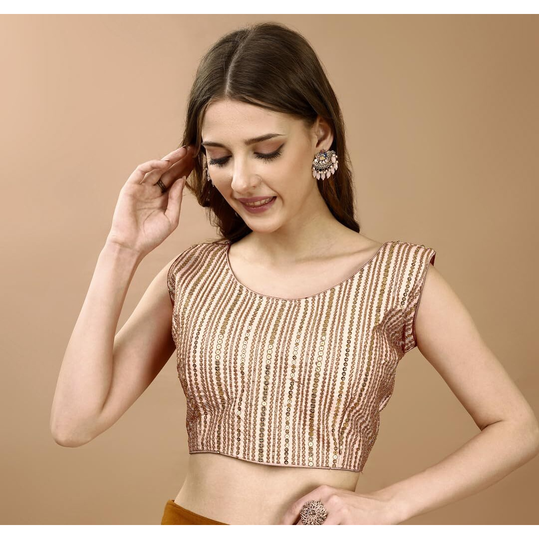 Pujia Mills Women's Sequin Embroidered U Neck Sleeveless Readymade Saree Blouse Indian Ethnic Designer Stitched Women's Cream Blouse For Women