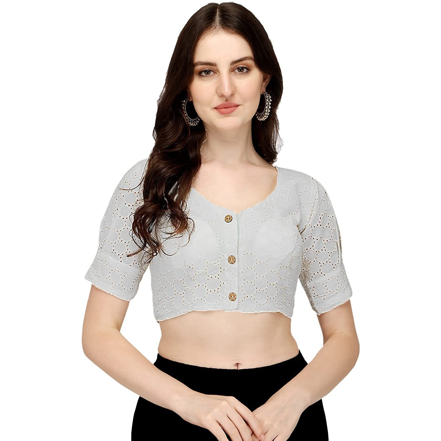 Pujia Mills Women's Cotton Chikankari Embroidery Work Readymade Saree Blouse (38, Hakoba Bright White)