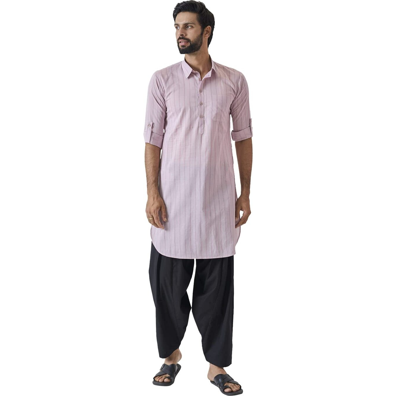 See Designs Men Spread Collar Baby Pink Regular Pure Cotton Pathani Full Sleeve Kurta With Black Salwar - Sd2Mpkt_114204S