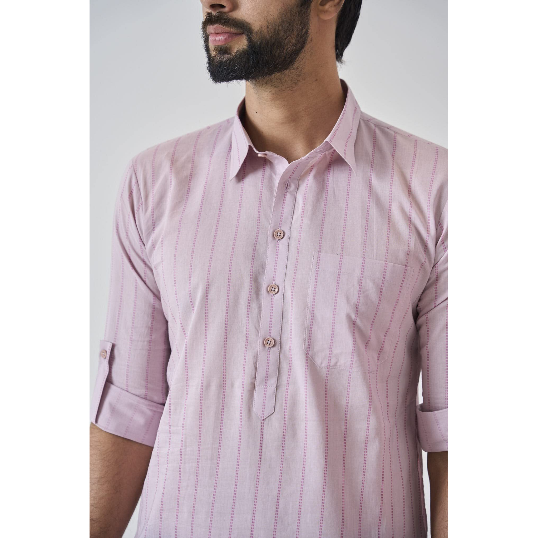 See Designs Men Spread Collar Baby Pink Regular Pure Cotton Pathani Full Sleeve Kurta With Black Salwar - Sd2Mpkt_114204S