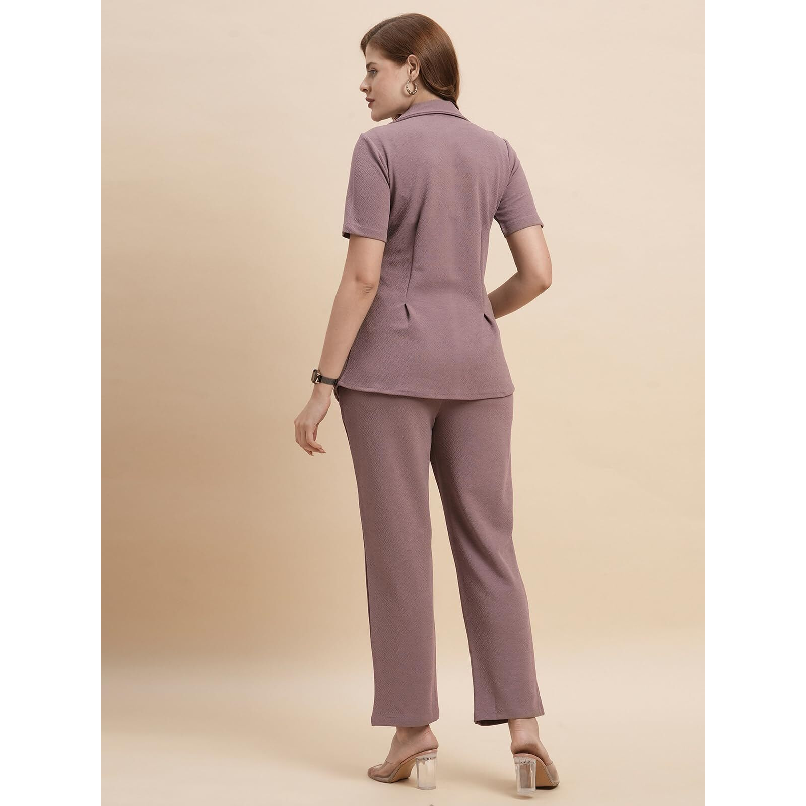 Selvia Co-Ords Set For Women|Lycra Shirt And Trouser Set|Casual Co-Ords Set For Women|Two Piece Co-Ord Set|Office Wear Co-Ords Set(717Ctk11724N-L_Mauve)