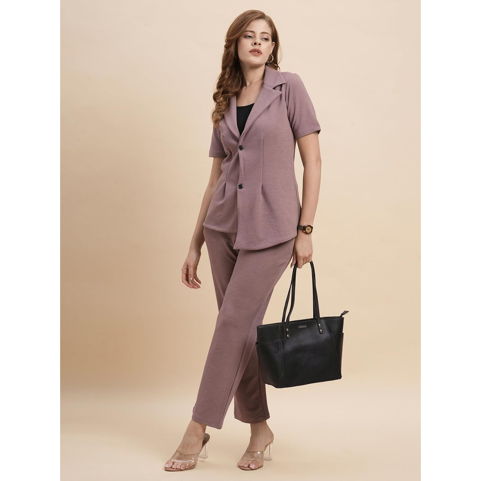 Selvia Co-Ords Set For Women|Lycra Shirt And Trouser Set|Casual Co-Ords Set For Women|Two Piece Co-Ord Set|Office Wear Co-Ords Set(717Ctk11724N-L_Mauve)
