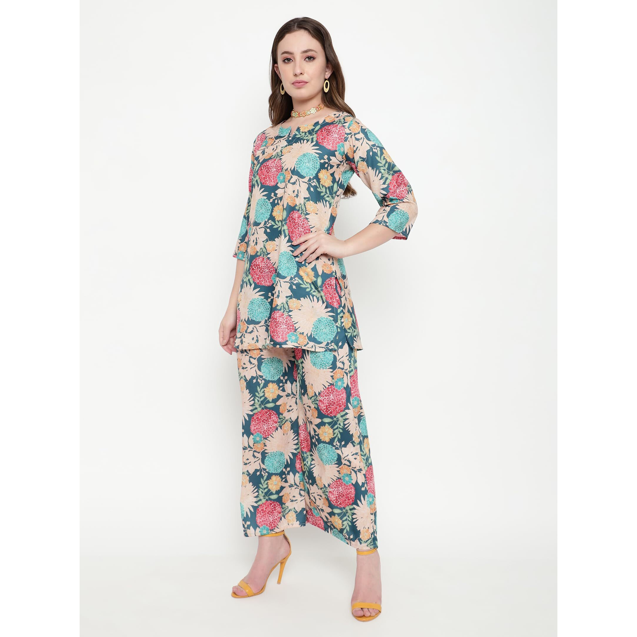 Shasmi Women's Cotton Blend Dress Blue Keyhole Neck Co-Ods Set For Women (Co-Ods 97 Blue Xl)