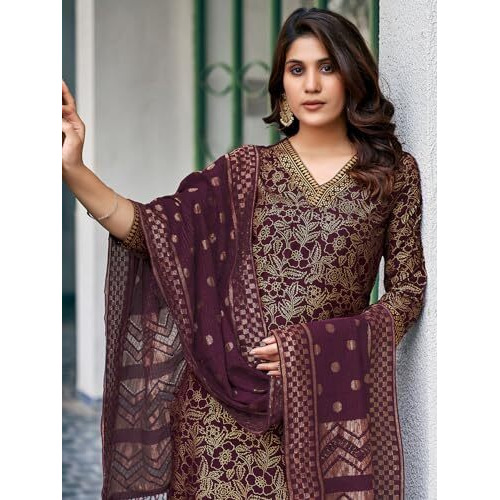 Sanisa Women's Art Silk Foil Printed Straight Kurta With Pant And Woven Dupatta (137Kbd1480Nz-M_Wine)