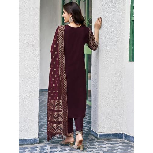 Sanisa Women's Art Silk Foil Printed Straight Kurta With Pant And Woven Dupatta (137Kbd1480Nz-M_Wine)