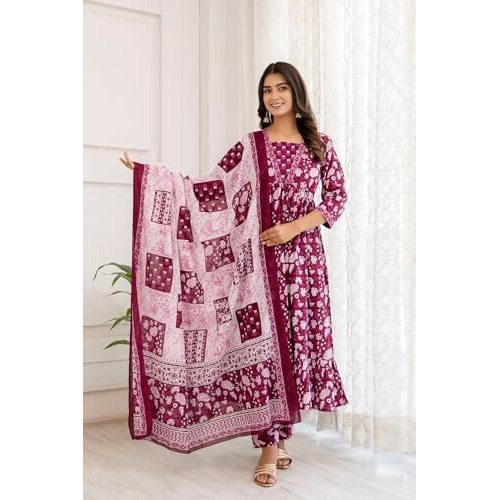 Shienzy Cotton Blend Square Neck Kurta Set With Dupatta For Women | Women Kurta Sets With Dupatta (1609-1610) (In, Alpha, M, Regular, Purple)